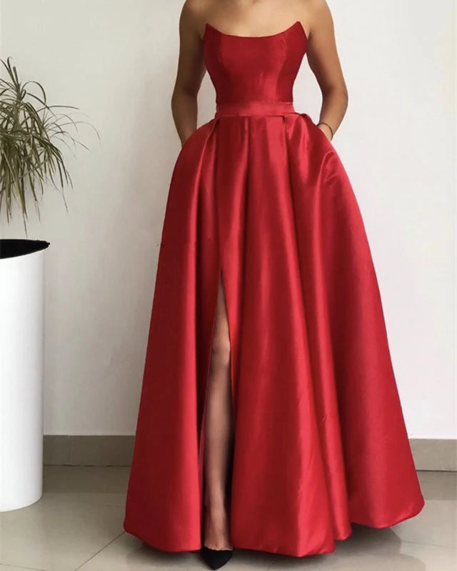 A-line Strapless Satin Long Prom Dresses With Pockets